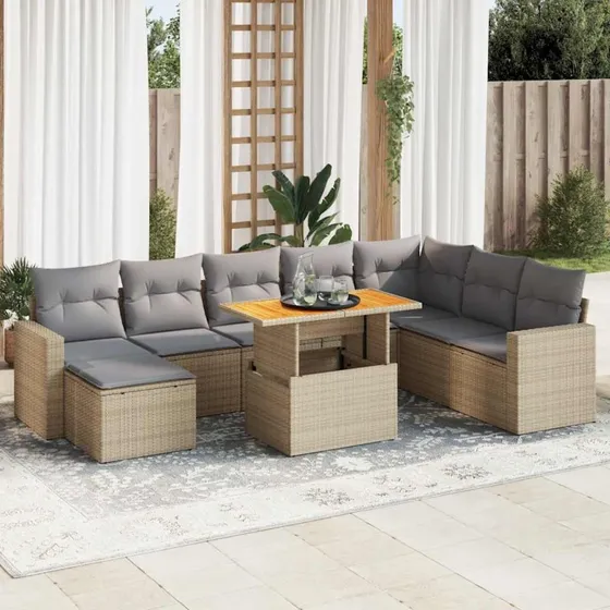 vidaXL 9-deligt havemøbelssæt med hynder, polyrattan beige