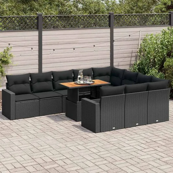 vidaXL 11-delssofasæt med hynder, polyrattan, sort