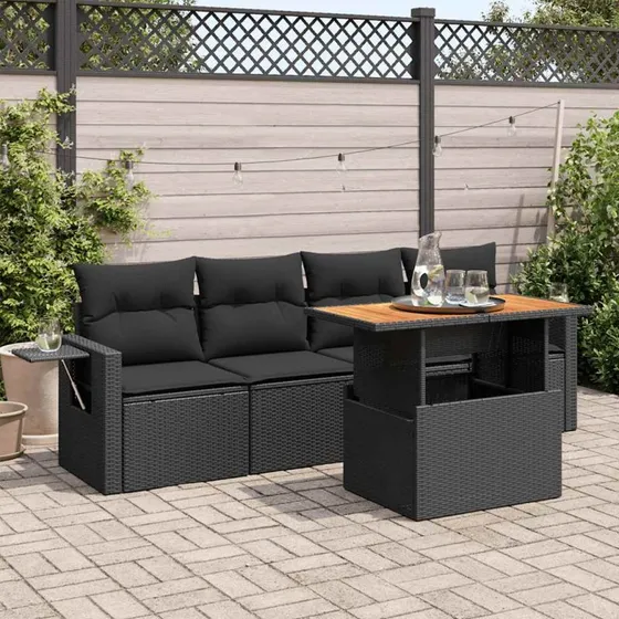 vidaXL 5-delssofasæt med hynder, polyrattan sort