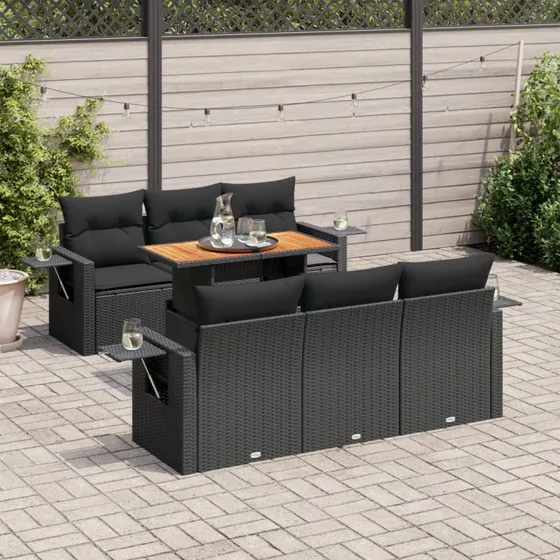vidaXL 7-delssofasæt med hynder i polyrattan, sort