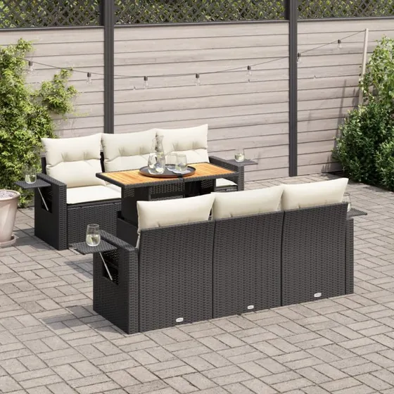 vidaXL 7-delssofasæt med polyrattan og cremefarvede hynder, sort