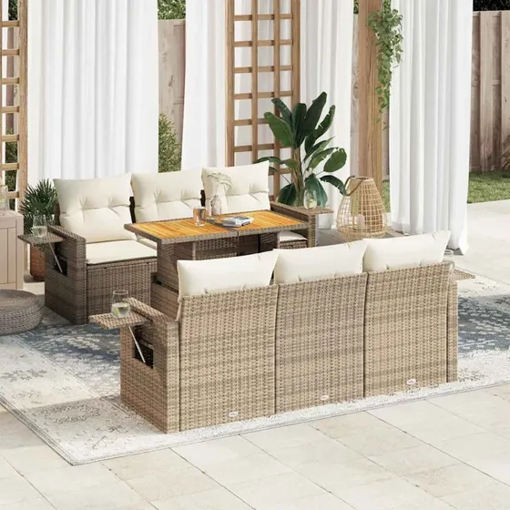 vidaXL 7-delssofasæt med polyrattan og hynder, beige
