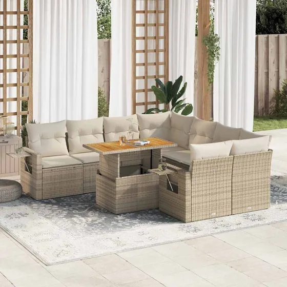 vidaXL 9-deligt havemøbelsæt med hynder i polyrattan beige