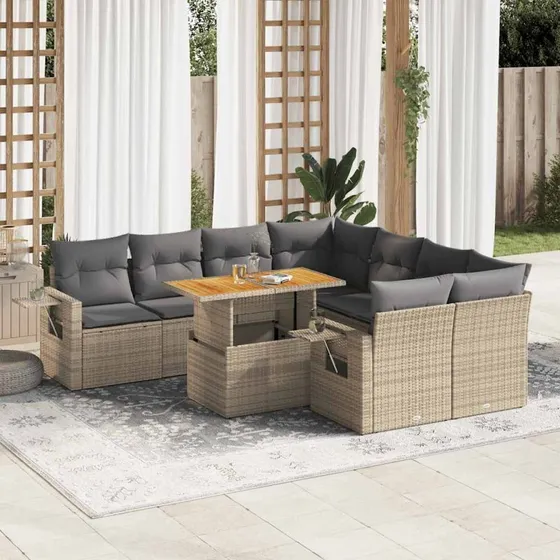 vidaXL 9-deles havemøbelsæt med hynder i polyrattan beige