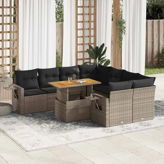 vidaXL 9-deles havemøbelsæt med hynder i polyrattan grå