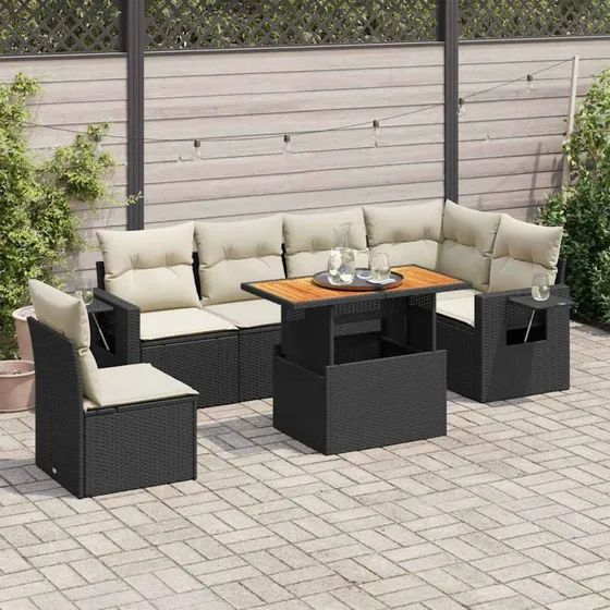 vidaXL 7-delssofasæt med hynder i polyrattan, sort