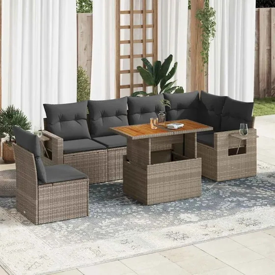 vidaXL 7-delsofasæt med hynder i polyrattan grå