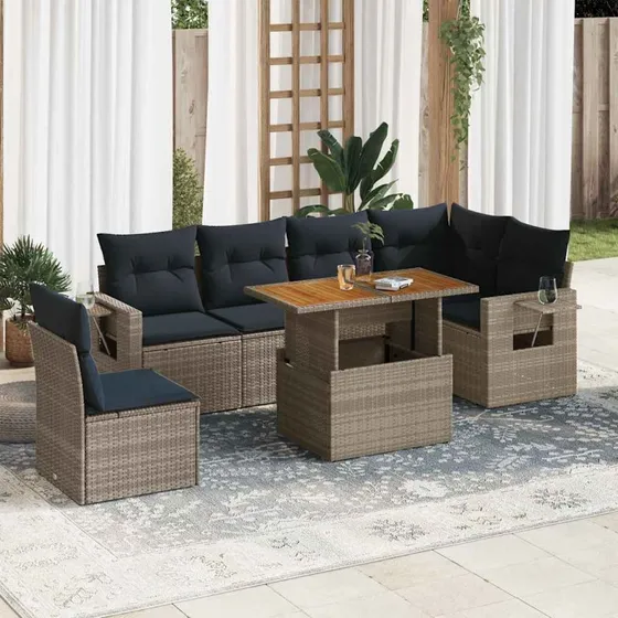 vidaXL 7-delsofesæt med hynder i grå polyrattan