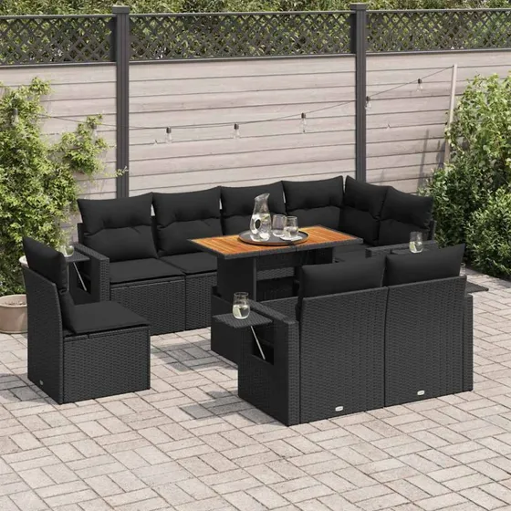 vidaXL 9-deles havemøbelssæt med hynder i polyrattan, sort