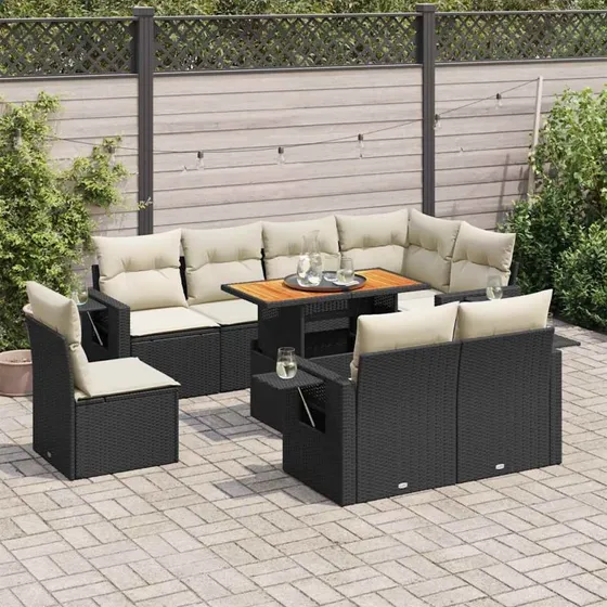 vidaXL 9-delssofasæt med hynder i polyrattan, sort