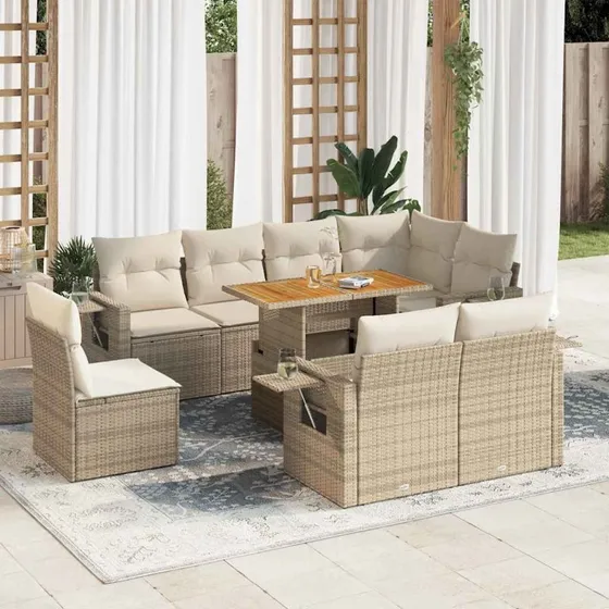 vidaXL 9-deles havemøbelsæt med hynder i polyrattan beige