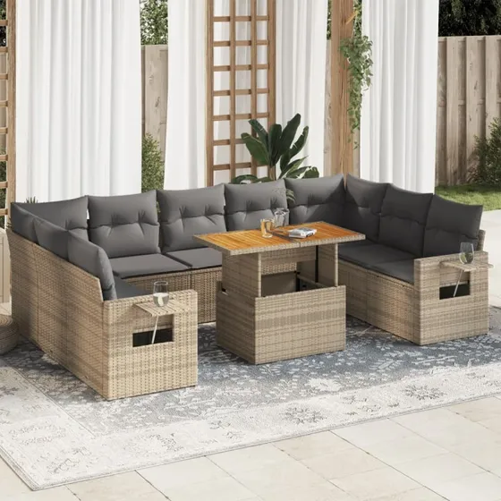 vidaXL 10-delssofasæt med hynder i polyrattan beige