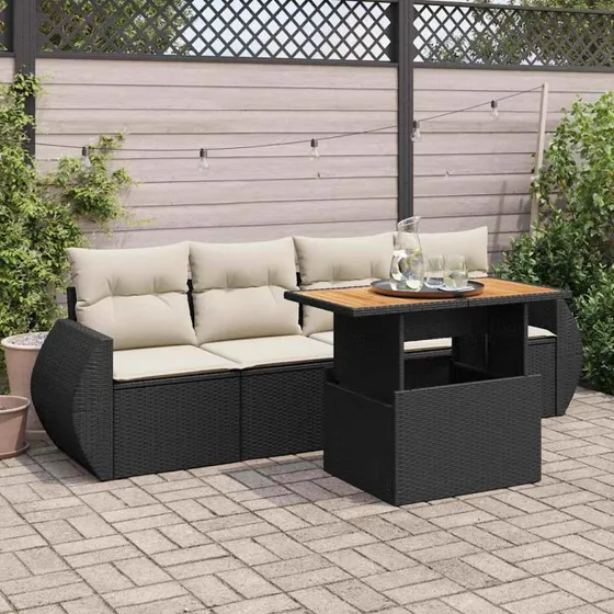 vidaXL 5-deles sofasæt med hynder i polyrattan, sort