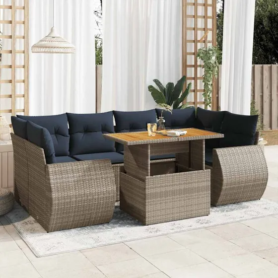 vidaXL 7-delsofasæt med hynder i polyrattan grå
