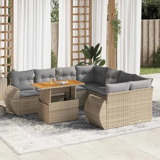 vidaXL 9-deles havesofasæt med hynder i polyrattan beige