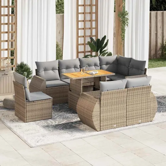 vidaXL 9-deligt havesofasæt med hynder, polyrattan, beige