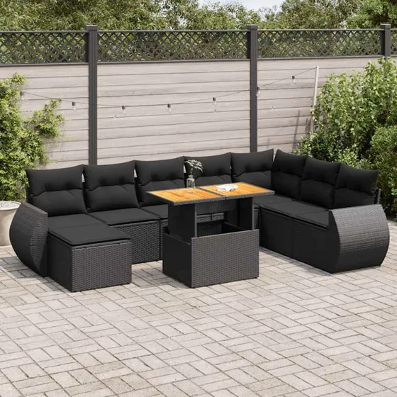 vidaXL 9-deles polyrattan havesofasæt med hynder, sort