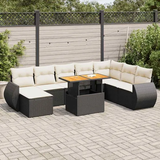 vidaXL 9-deles polyrattan havesofasæt med hynder, sort