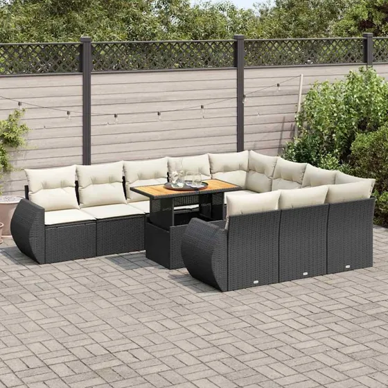 vidaXL 11-delssofasæt med hynder, polyrattan sort