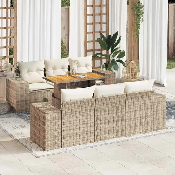 vidaXL 7-deles havesofasæt med hynder i polyrattan, beige