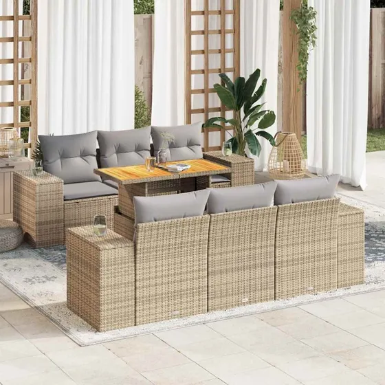 vidaXL 7-deles havesofasæt med hynder i polyrattan, beige