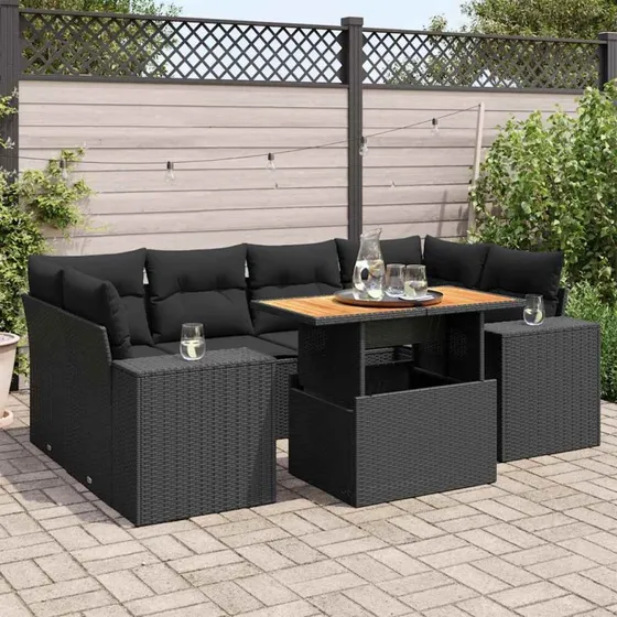 vidaXL 7-delssofasæt med hynder i polyrattan, sort