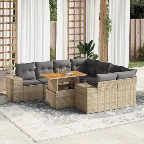 vidaXL 9-deles havesofasæt med hynder i polyrattan beige