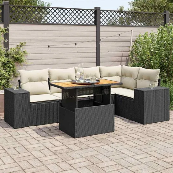 vidaXL 6-deles havesofasæt med hynder i polyrattan, sort