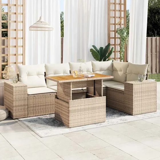 vidaXL 6-deles havesofasæt med hynder i polyrattan beige