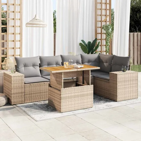 vidaXL 6-deles havesofasæt med hynder i polyrattan beige