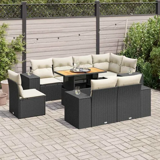 vidaXL 9-deles havesofasæt med hynder i polyrattan, sort