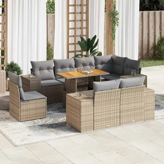 vidaXL 9-deles havesofasæt med hynder i polyrattan beige