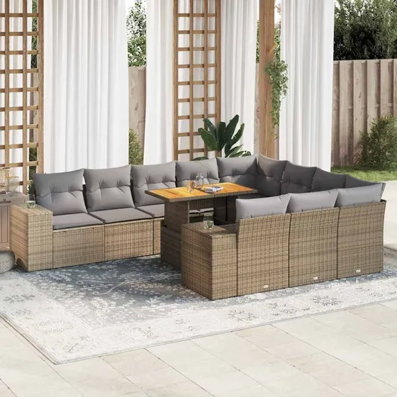 vidaXL 10-del. havemøbelssæt med polyrattan og hynder, beige