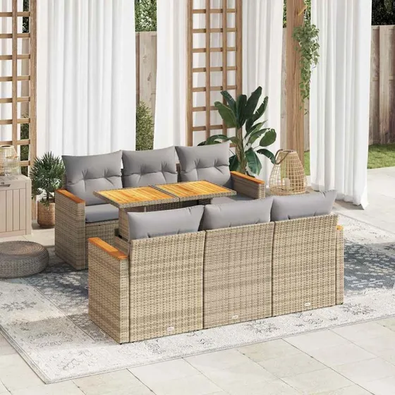 vidaXL 7-delssofasæt med hynder, polyrattan akacietræ, beige