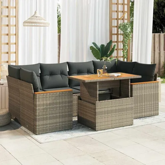 vidaXL 6-delssofasæt med hynder, polyrattan grå, akacietræ