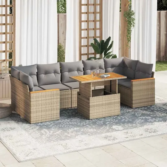 vidaXL 8-delssofasæt med hynder, polyrattan, akacietræ, beige
