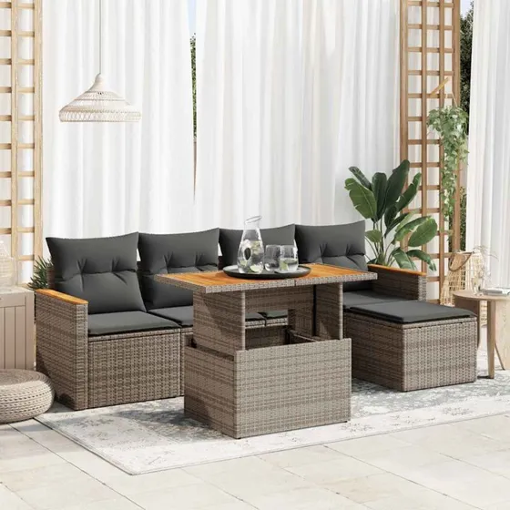 vidaXL 6-delssofasæt med hynder, polyrattan grå, akacietræ