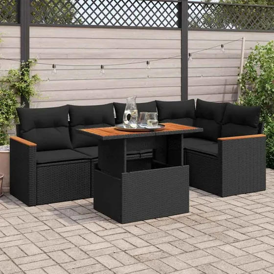 vidaXL 6-deles havesofasæt med hynder, polyrattan sort