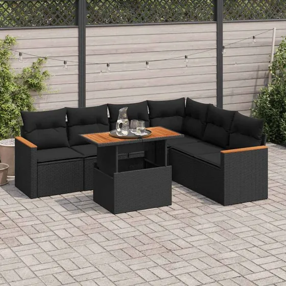 vidaXL 7-deligt havemøbelsæt med hynder, polyrattan sort