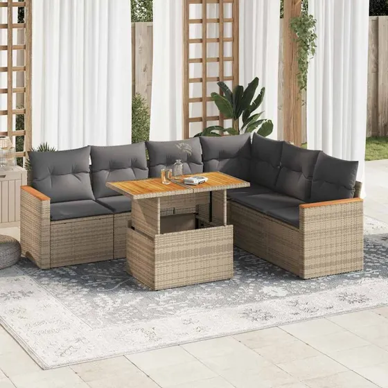 vidaXL 7-delssofasæt med hynder, polyrattan, akacietræ, beige