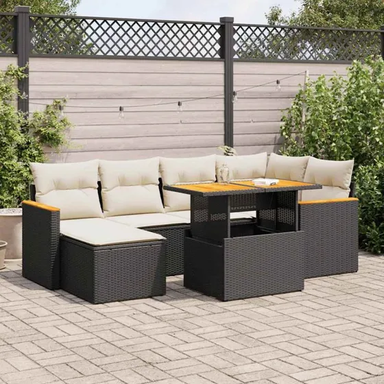 vidaXL 7-deles havesofasæt med hynder, polyrattan sort