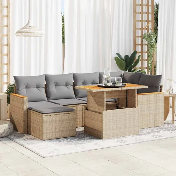 vidaXL 7-deles havesofasæt med hynder, polyrattan, akacietræ, beige