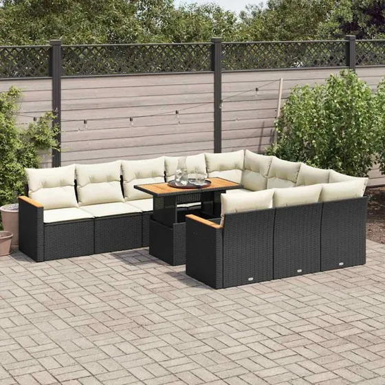 vidaXL 11-deles havemøbelssæt med polyrattan og akacietræ, sort