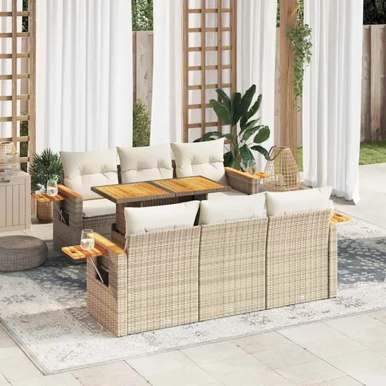 vidaXL 7-delssofasæt med hynder, polyrattan akacietræ, beige