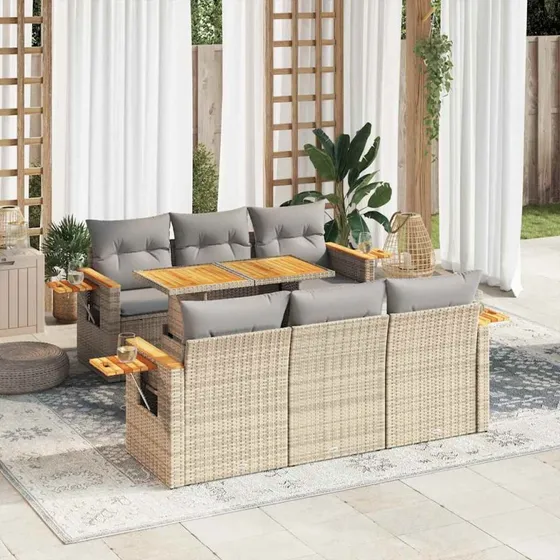vidaXL 7-delssofasæt med hynder, polyrattan akacietræ, beige