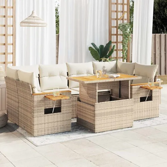 vidaXL 7-delssofasæt med hynder, polyrattan akacietræ, beige