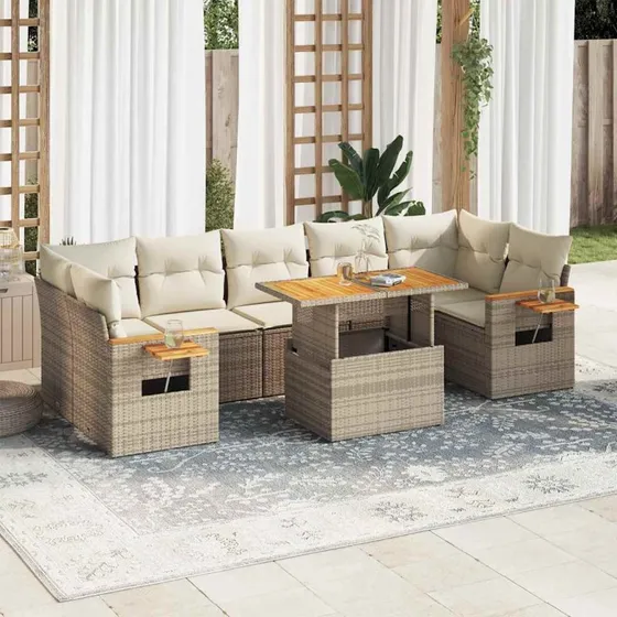 vidaXL 8-delssofasæt med hynder, polyrattan akacietræ, beige