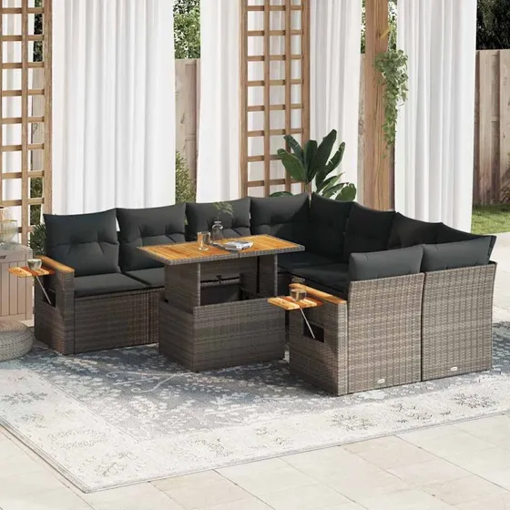 vidaXL 9-delssofasæt med hynder, polyrattan grå, akacietræ