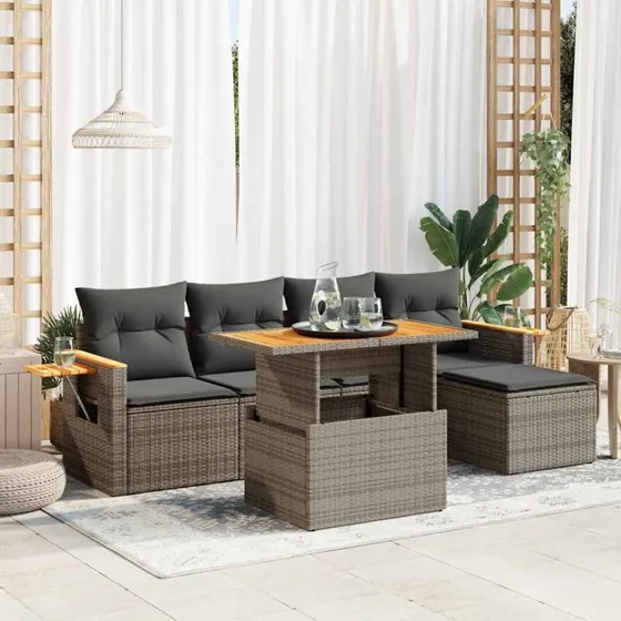 vidaXL 6-delssofasæt med hynder, polyrattan grå, akacietræ