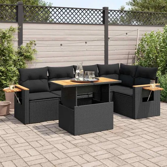 vidaXL 6-deles havesofasæt med hynder i polyrattan sort